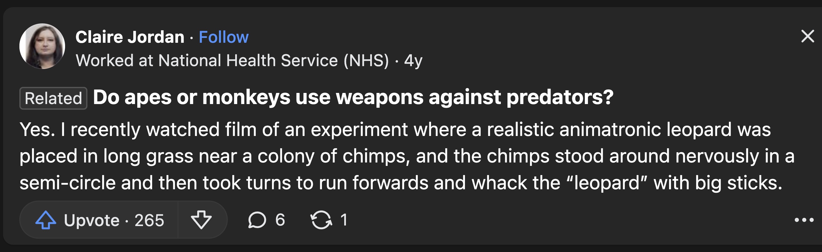 screenshot - Claire Jordan Worked at National Health Service Nhs 4y Related Do apes or monkeys use weapons against predators? Yes. I recently watched film of an experiment where a realistic animatronic leopard was placed in long grass near a colony of chi